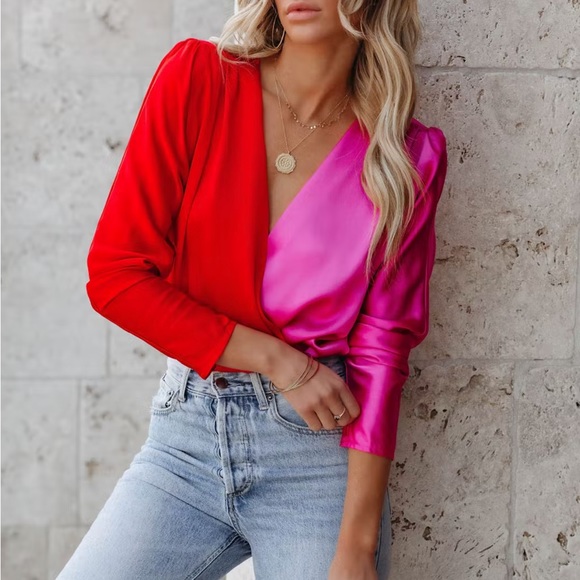 Tops - *24 HOUR SALE* The Sweetest Thing Red and Pink Colorblock Bodysuit